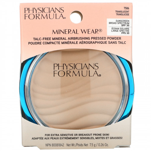 Physicians Formula, Mineral Wear, прессованная пудра с эффектом ретуши, SPF 30, полупрозрачная, 7,5 г (0,26 унции)