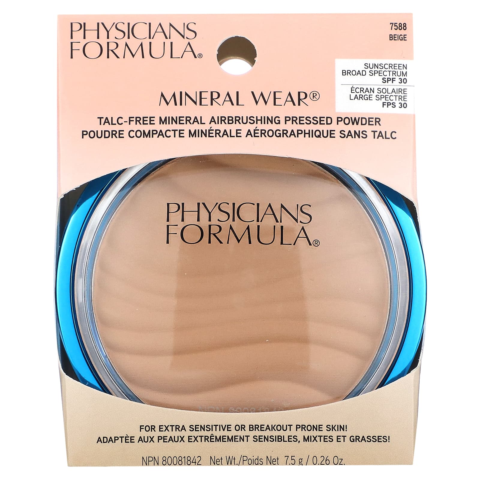 Physicians Formula, Mineral Wear, минеральная прессованная пудра без талька, SPF 30, бежевый, 7,5 г (0,26 унции)