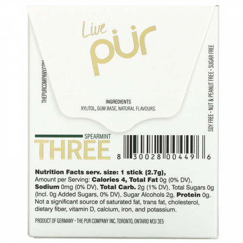 The PUR Company, Spearmint Three, жевательная резинка без сахара, 12 стиков
