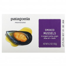 Patagonia Provisions, Копченые мидии в органическом оливковом масле холодного отжима + бульон, 120 г (4,2 унции)