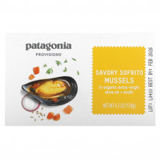 Patagonia Provisions, Пикантные мидии софрито в органическом оливковом масле холодного отжима + бульон, 120 г (4,2 унции)