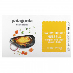 Patagonia Provisions, Пикантные мидии софрито в органическом оливковом масле холодного отжима + бульон, 120 г (4,2 унции)
