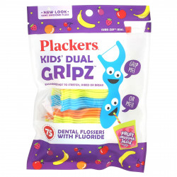 Plackers, Kid's Dual Gripz, детские зубочистки с нитью, с фтором, фруктовый смузи, 75 шт.