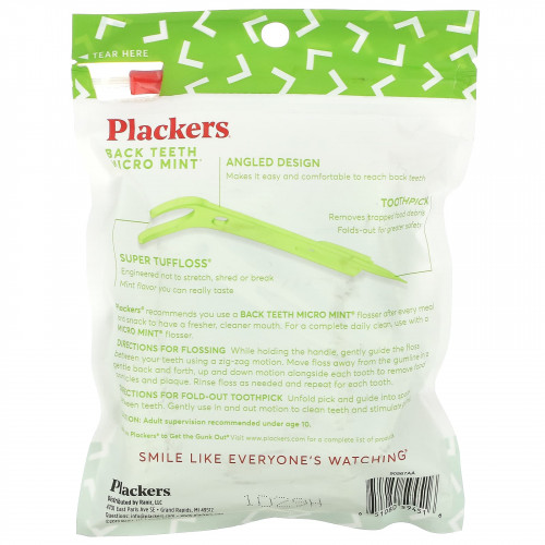 Plackers, Micro Mint, зубочистки с нитью для задних зубов, мята, 75 шт.