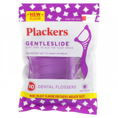 Plackers, Gentleslide, зубочистки с нитью, мята, 90 шт.