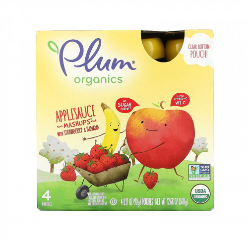 Plum Organics, яблочное пюре с клубникой и бананом, 4 пакетика, по 90 г (3,17 унции) каждый