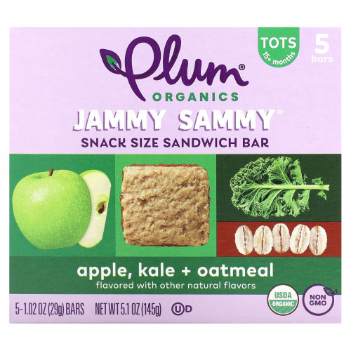 Plum Organics, Jammy Sammy, сэндвич-батончик для детей от 15 месяцев, яблоко, капуста и овсянка, 5 батончиков, 29 г (1,02 унции)
