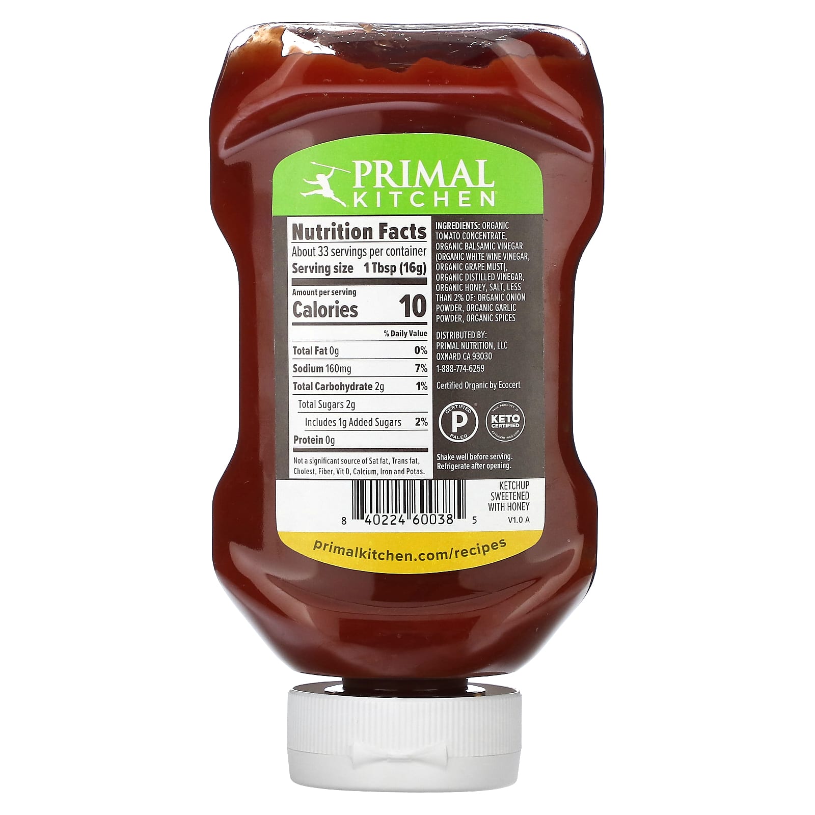 Primal Kitchen, Кетчуп A Tad Sweet, подслащенный медом, 524 г (2,5 унции)