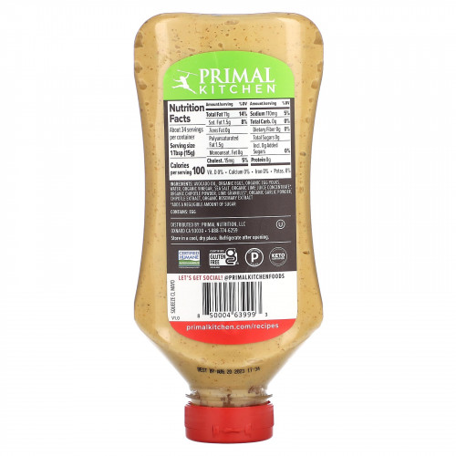 Primal Kitchen, Настоящий майонез с маслом авокадо и лаймом чипотле, 503 мл (17 жидк. Унций)