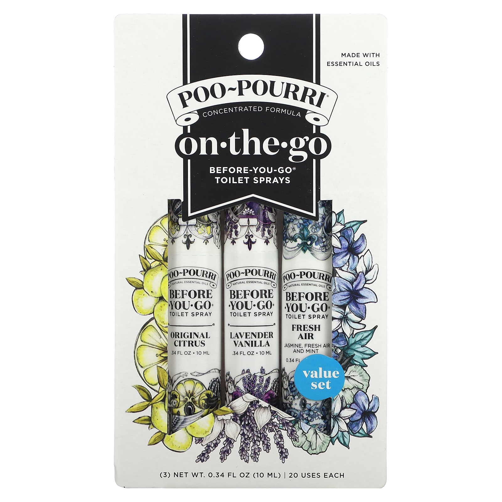 Poo-Pourri, On-The-Go, спреи для туалета Before-You-Go, Value Set, 3 вида спрея, по 10 мл (0,34 жидк. Унции)