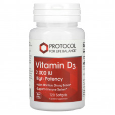 Protocol for Life Balance, Витамин D3, высокая эффективность, 2000 МЕ, 120 мягких таблеток