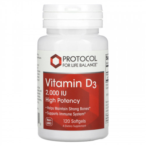 Protocol for Life Balance, Витамин D3, высокая эффективность, 2000 МЕ, 120 мягких таблеток