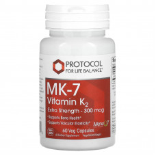 Protocol for Life Balance, MK-7, витамин K2, с повышенной силой действия, 300 мкг, 60 растительных капсул