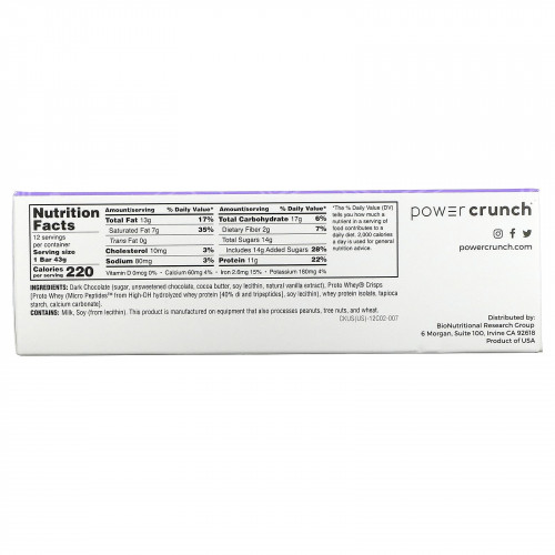 BNRG, Power Crunch Protein Crisp, батончик, шоколад, темный шоколад, 12 батончиков, 43 г (1,5 унции)