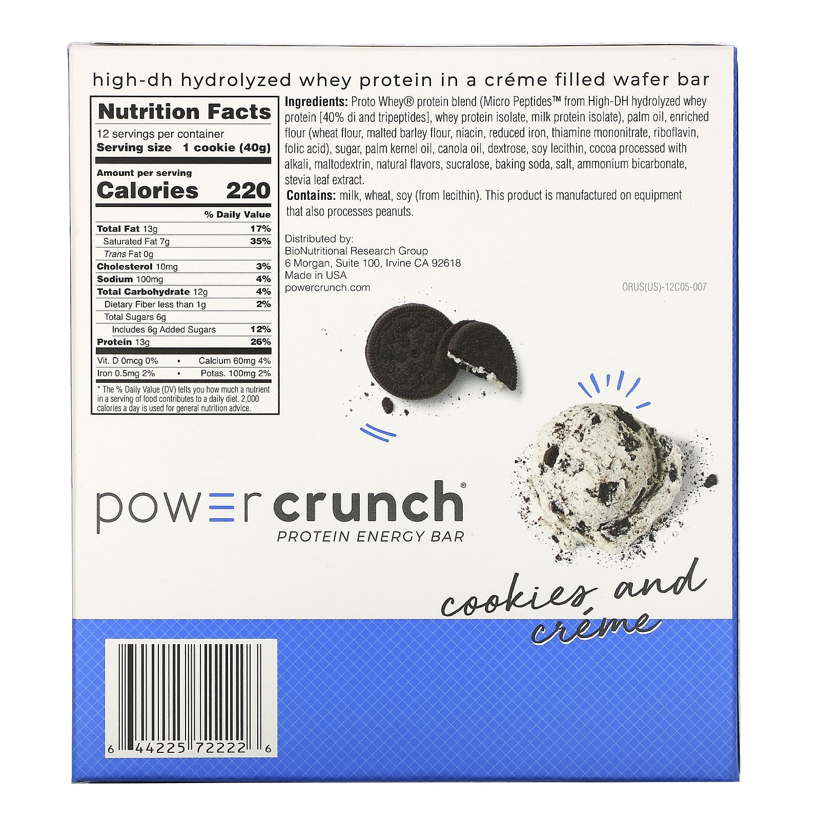 BNRG, Энергетический белковый батончик Power Crunch Original, печенье с кремом, 12 батончиков, вес каждого 40 г (1,4 унции)