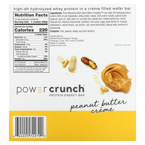 BNRG, Энергетический белковый батончик Power Crunch Original, крем с арахисовым маслом, 12 батончиков, вес каждого 40 г (1,4 унции)