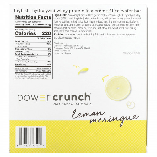 BNRG, Power Crunch, протеиновый энергетический батончик, лимонная меренга, 12 батончиков, 40 г (1,4 унции) каждый
