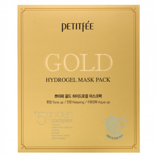 Petitfee, гидрогелевая маска для лица с золотом, 5 шт.