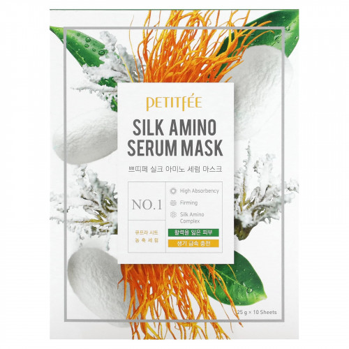 Petitfee, Silk Amino Serum, маска, 10 шт. по 25 г