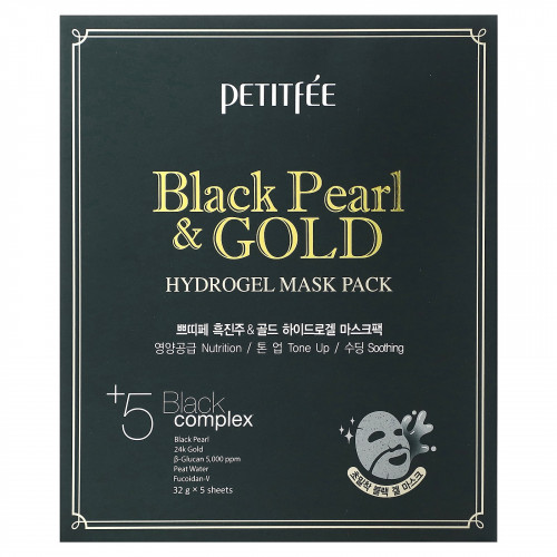 Petitfee, гидрогелевая маска для лица с золотом и черным жемчугом, 5 шт., по 32 г