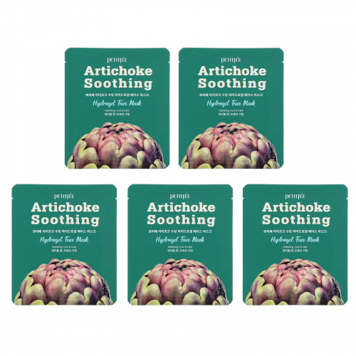 Petitfee, Artichoke Soothing, успокаивающая гидрогелевая маска для лица с артишоком, 5 шт., по 32 г (1,12 унции)