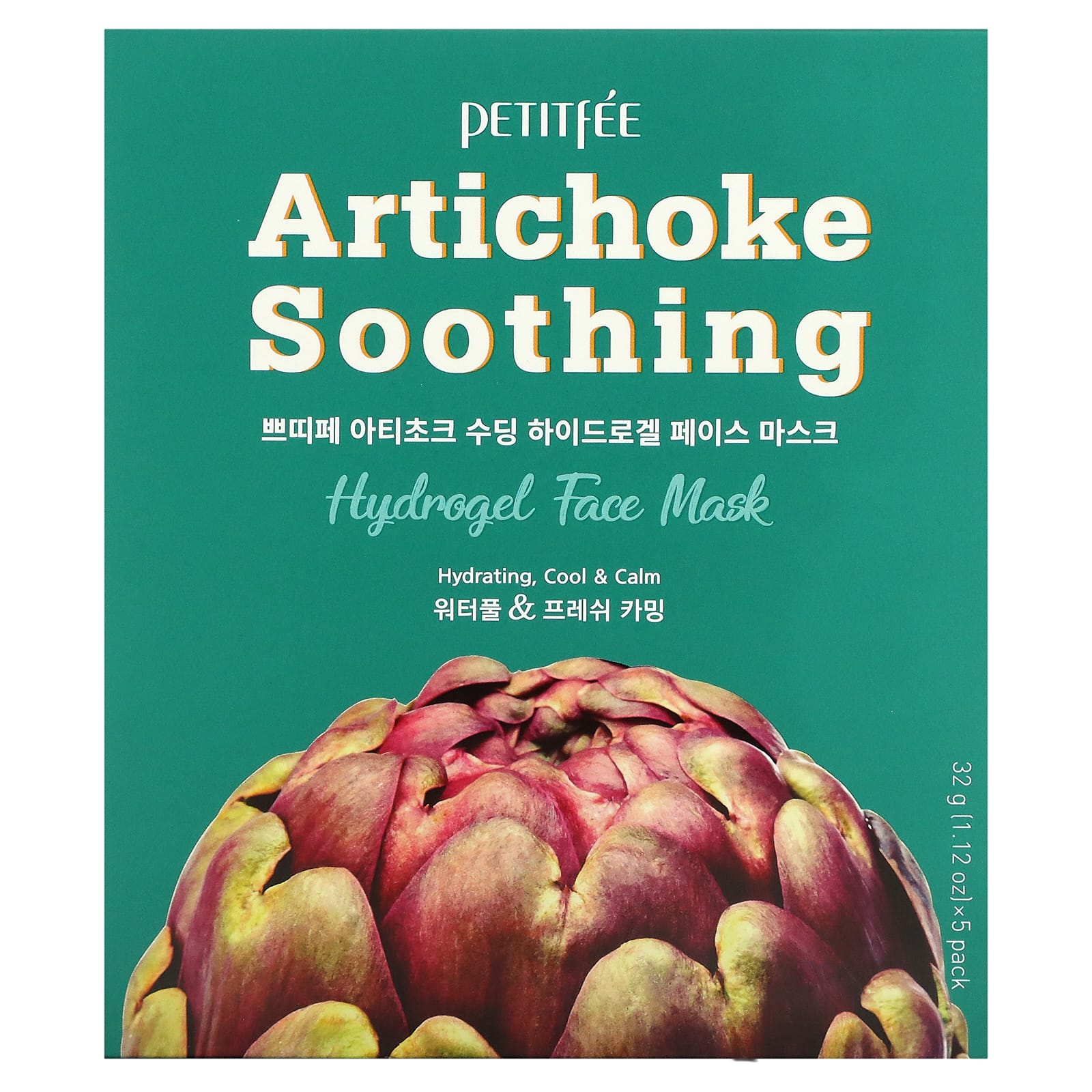 Petitfee, Artichoke Soothing, успокаивающая гидрогелевая маска для лица с артишоком, 5 шт., по 32 г (1,12 унции)