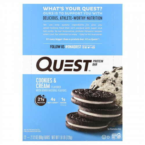 Quest Nutrition, протеиновый батончик, со вкусом печенья и сливок, 12 батончиков, 60 г (2,12 унции) каждый