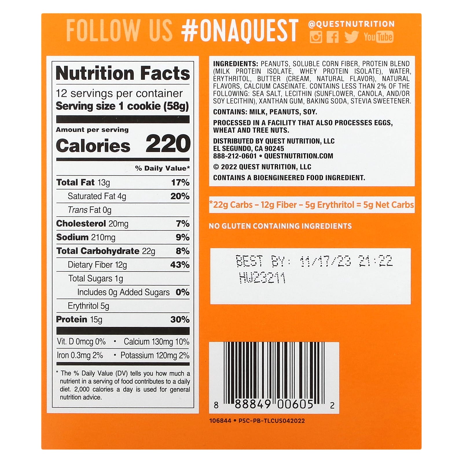 Quest Nutrition, Protein Cookie, арахисовая паста, 12 пакетиков, 58 г (2,04 унции)