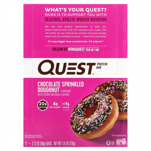 Quest Nutrition, протеиновый батончик, со вкусом шоколадного пончика, 12 батончиков, 60 г (2,12 унции) каждый