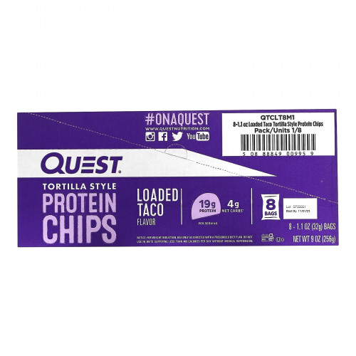 Quest Nutrition, Протеиновые чипсы по типу тортильи, загруженный тако, 8 пакетиков по 32 г (1,1 унции)