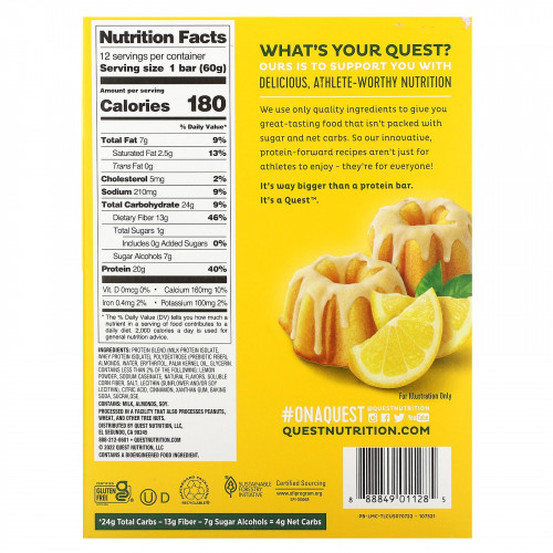 Quest Nutrition, протеиновый батончик, вкус лимонного пирога, 12 батончиков, 60 г (2,12 унции) каждый