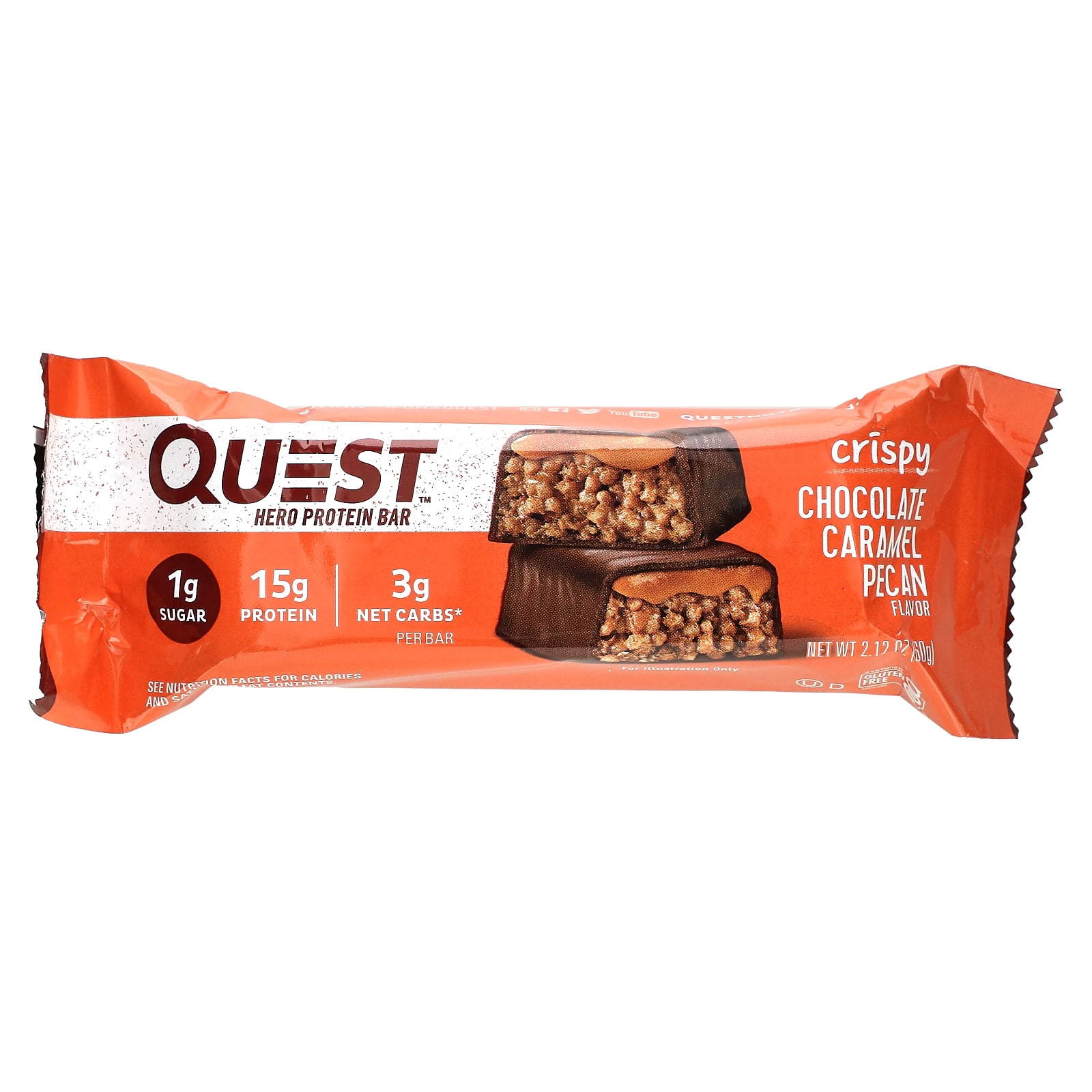 Quest Nutrition, Hero Protein Bar, хрустящий шоколад с карамелью и пеканом, 12 батончиков, 60 г (2,12 унции)