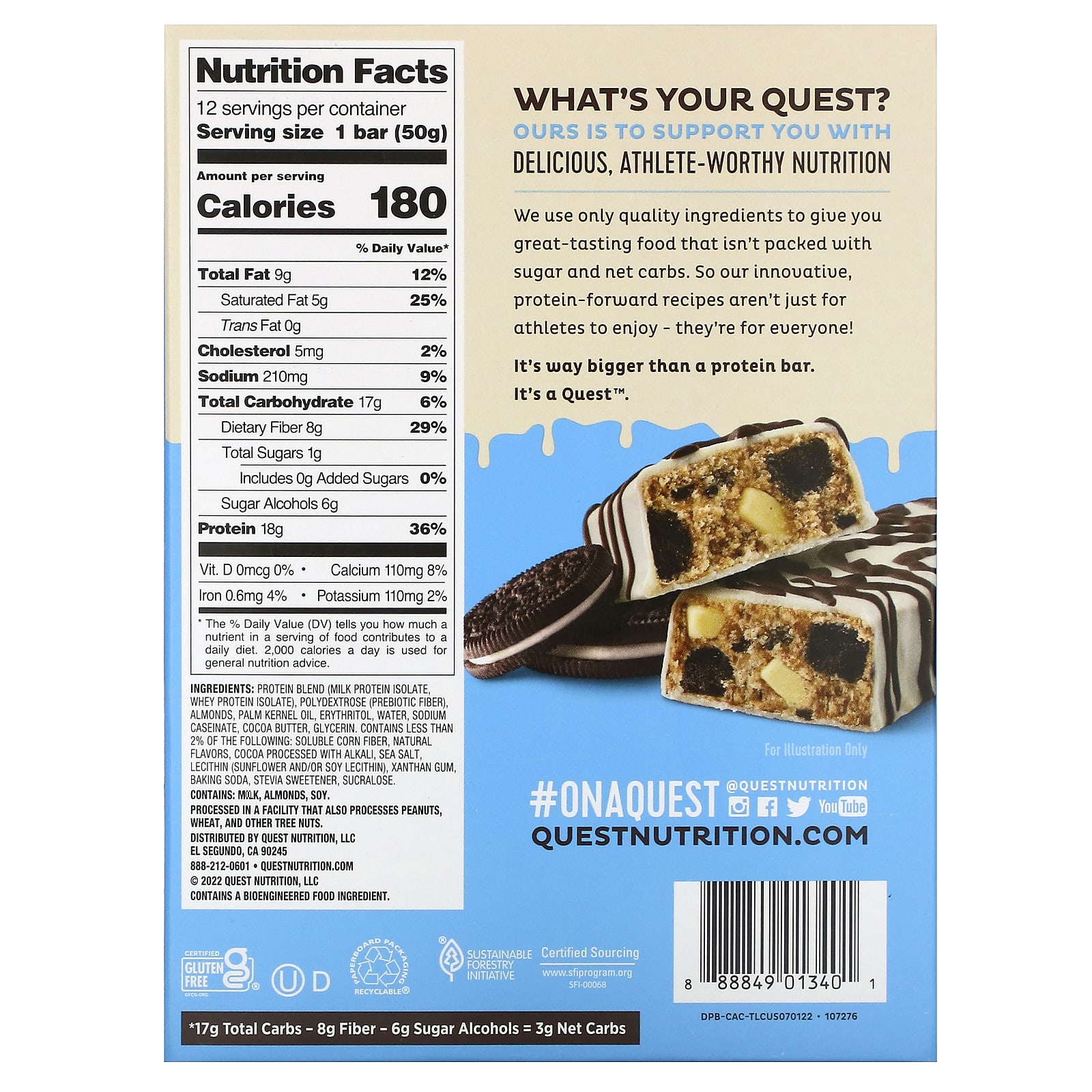 Quest Nutrition, Протеиновый батончик, печенье со сливками, 12 батончиков, 50 г (1,76 унции)