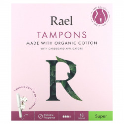 Rael, Inc., Тампоны из органического хлопка с картонными аппликаторами, Super, 18 шт.