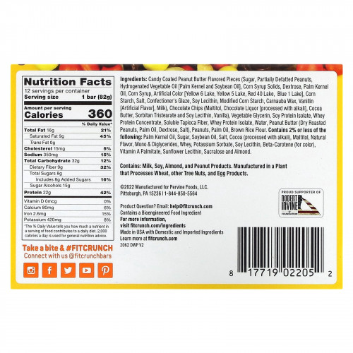 FITCRUNCH, Батончик из загруженного протеина, со вкусом арахисовой пасты, 12 батончиков, по 2,89 (82 г)