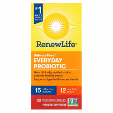 Renew Life, Ultimate Flora, пробиотик для ежедневного применения, 15 миллиардов живых культур, 30 вегетарианских капсул