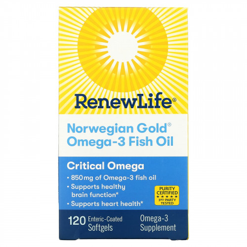 Renew Life, Рыбий жир с омега-3 Norwegian Gold, 850 мг, 120 капсул с кишечнорастворимой оболочкой