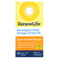 Renew Life, Рыбий жир с омега-3 Norwegian Gold, 1045 мг, 30 мягких таблеток с кишечнорастворимой оболочкой