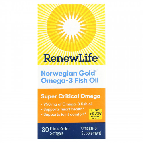 Renew Life, Рыбий жир с омега-3 Norwegian Gold, 1045 мг, 30 мягких таблеток с кишечнорастворимой оболочкой