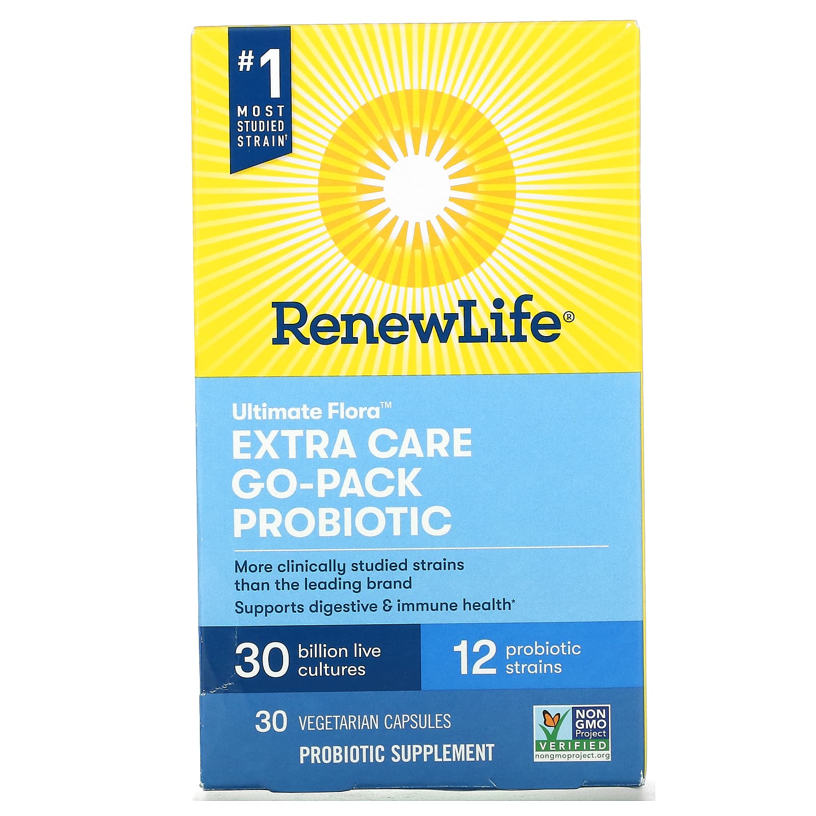 Renew Life, Ultimate Flora, Go-Pack пробиотик с повышенной силой действия, 30 млрд живых культур, 30 вегетарианских капсул