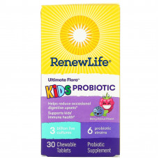 Renew Life, Ultimate Flora, пробиотик для детей, ягодный вкус, 3 млрд живых культур, 30 жевательных таблеток