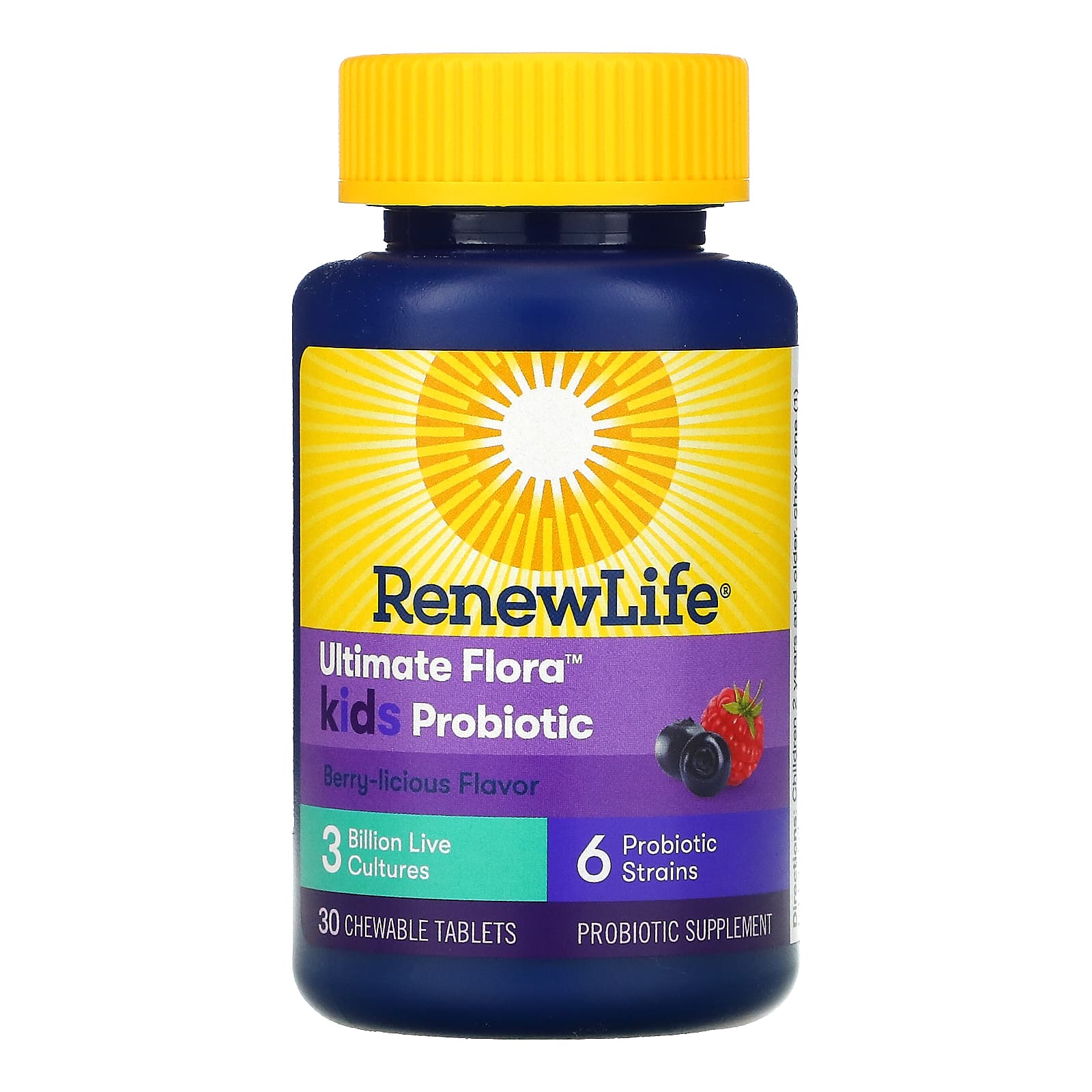 Renew Life, Ultimate Flora, пробиотик для детей, ягодный вкус, 3 млрд живых культур, 30 жевательных таблеток