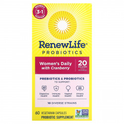 Renew Life, Пробиотики, ежедневный прием для женщин с клюквой, 20 млрд КОЕ, 60 вегетарианских капсул