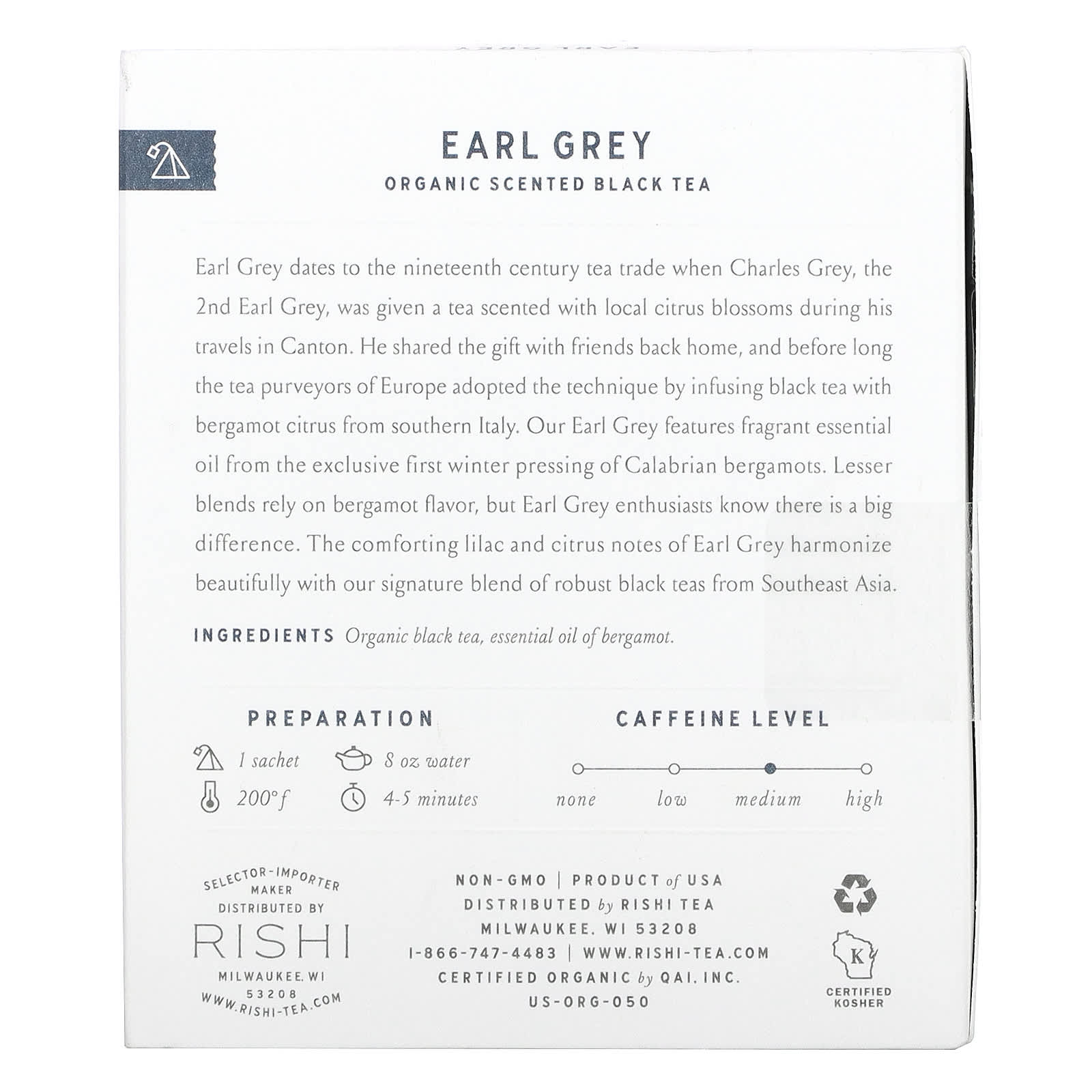 Rishi Tea, «Earl Grey», органический ароматизированный черный чай, 15 пакетиков, 45 г (1,58 унции)