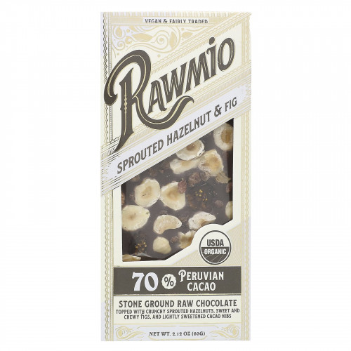 Rawmio, Пророщенный фундук и кора инжира, 70% перуанского какао, 60 г (2,12 унции)