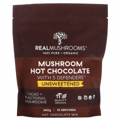 Real Mushrooms, Горячий шоколад с грибами и 5 защитниками, несладкий, 240 г