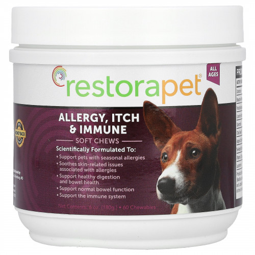 RestoraPet, жевательная таблетка от аллергии, зуда и иммунитета, для собак всех возрастов, 60 жевательных таблеток, 180 г (6 унций)