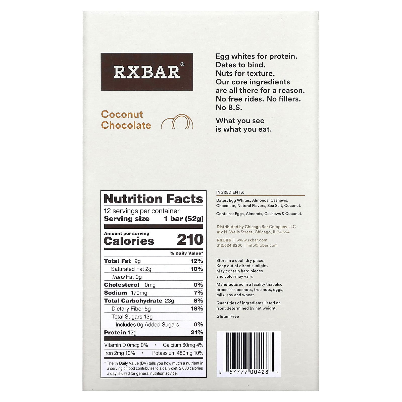 RXBAR, Протеиновый батончик, кокосовый шоколад, 12 батончиков, 52 г (1,83 унции)