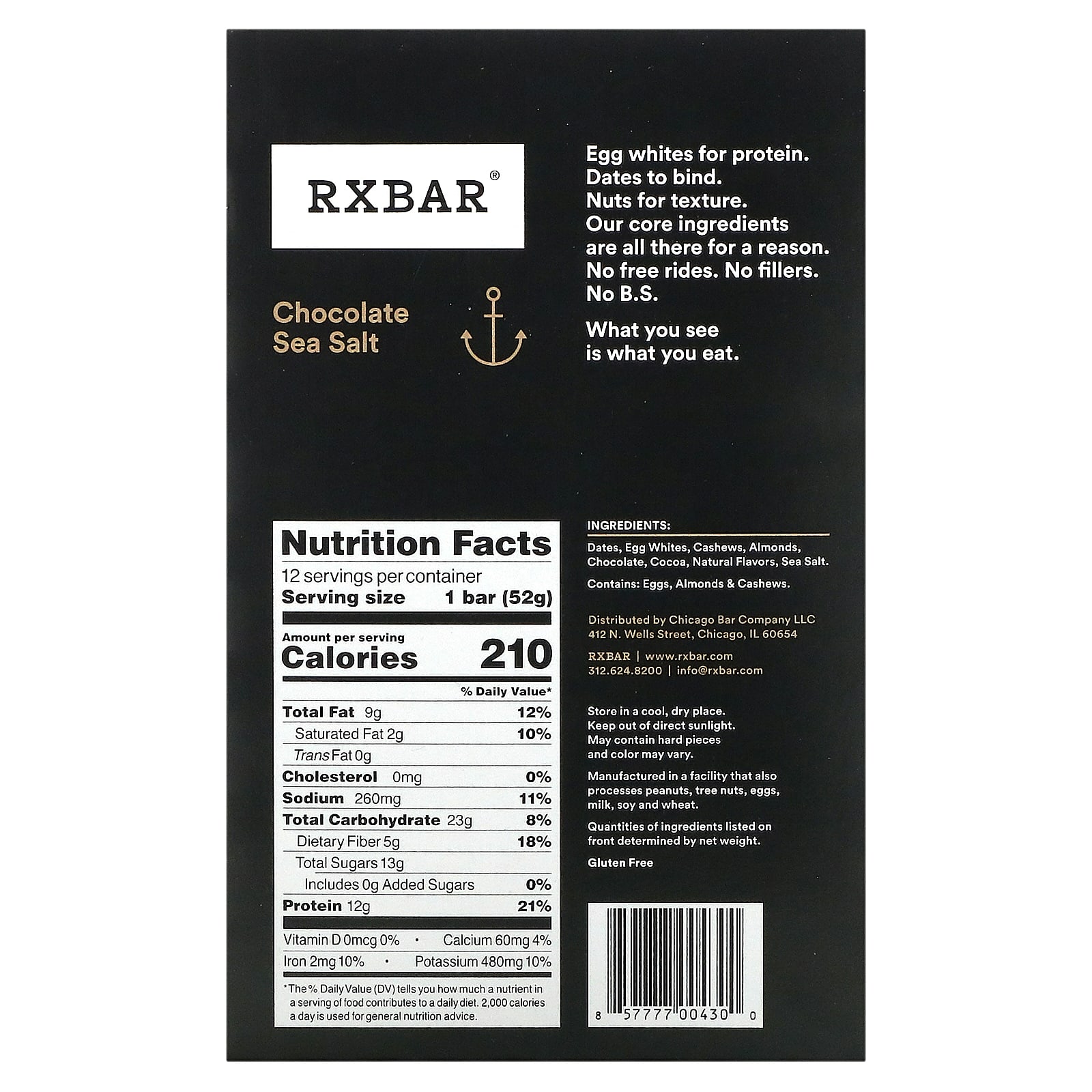 RXBAR, Protein Bar, шоколадная морская соль, 12 батончиков, 52 г (1,83 унции)