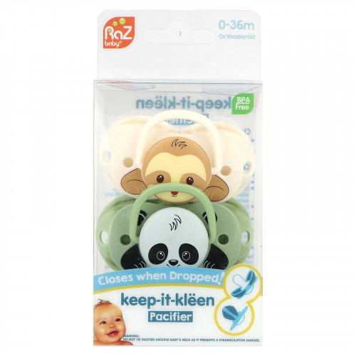 RaZbaby, Keep-It-Kleen, соска-пустышка, для 0–36 мес, Sloth & Panda, 2 шт.